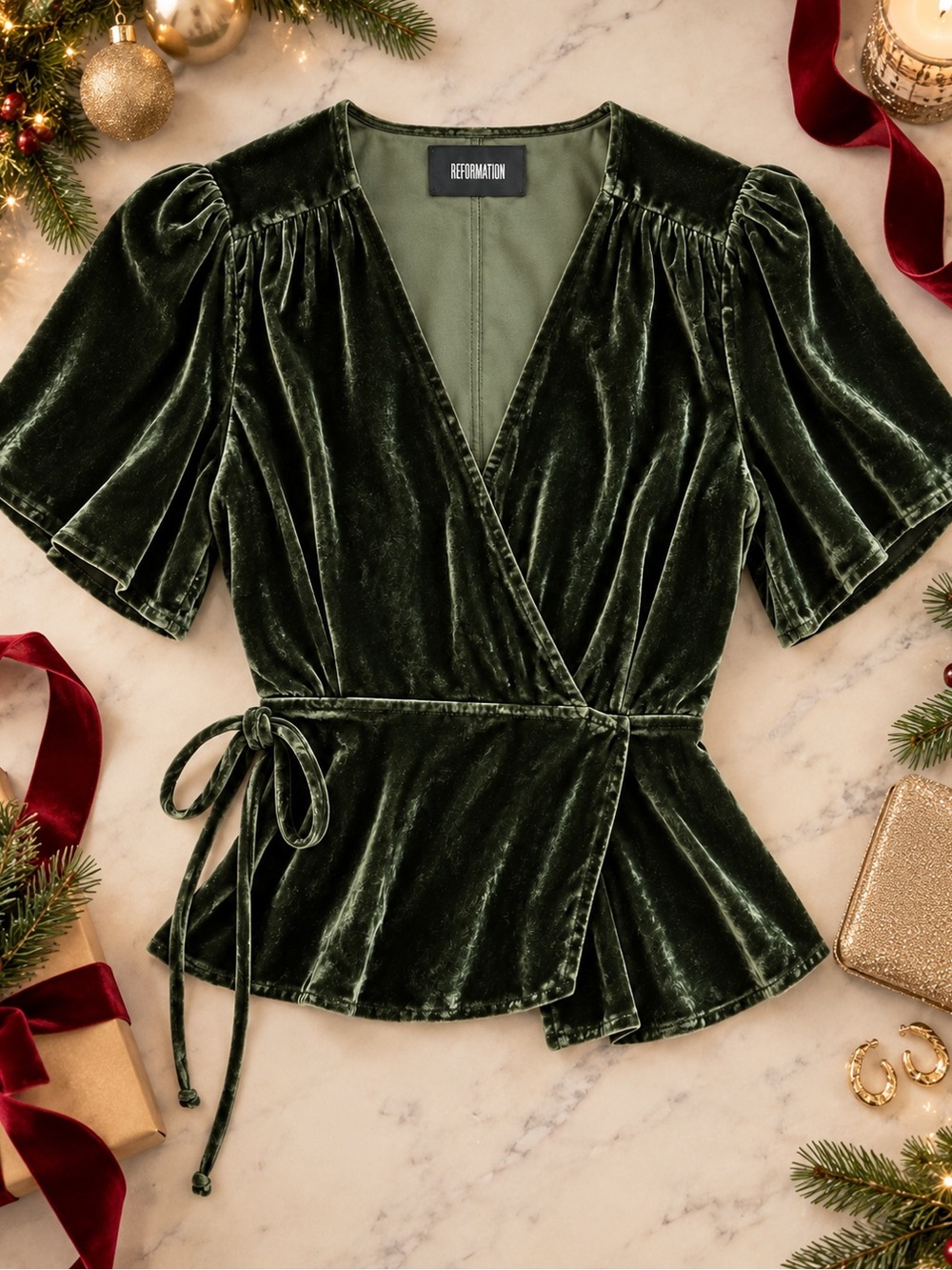 Reformation Forest Green Velvet Wrap Top – Size M